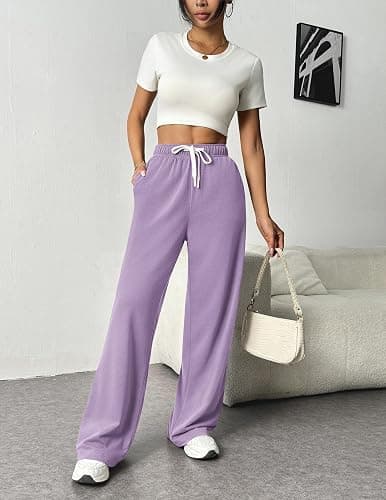 PINSPARK Wide Leg Sweat Pants for Womens High Waisted Baggy Sweatpants | 27''/29''/31'', Lightweight, Side Pockets, Elastic Drawstring, Comfort for Casual and Low-Impact Exercise Routine thumbnail 2