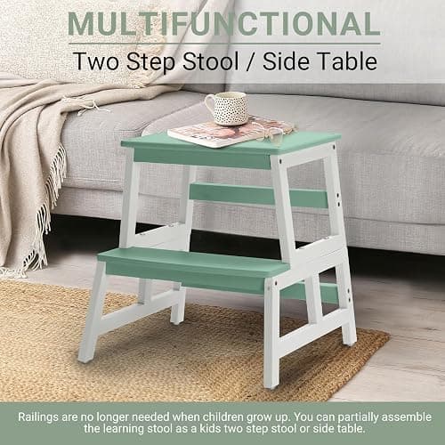COSYLAND Kids Kitchen Step Stool, Toddler Standing Tower with CPC Certification, Removable Anti-Drop Railing Safety Rail, Anti-tip Stable Toddler Standing Tower - Green & White thumbnail 6