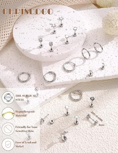 Chriscoco 33Pcs Stainless Steel Cartilage Earrings for Women Flat Back Stud Earrings Helix Earring Small Hoop Chain Earrings Hypoallergenic CZ Opal Star Heart Snake Tragus Conch Helix Piercing Jewelry thumbnail 2