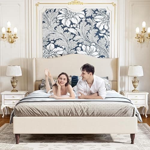 koorlian King Size Bed Frame Upholstered Platform Bed with 51" Tall Headboard Wingback, Soft Fabric, Retro Simple Style Platform Bed No Box Spring Needed, Easy Assembly, Beige thumbnail 8
