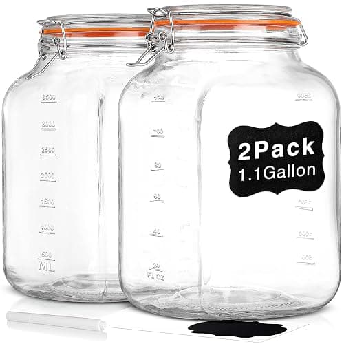 [UPGRADE] 2 Pack Square Super Wide Mouth Airtight Glass Storage Jars with Lids, 1.1 Gallon Glass Container with 2 Measurement Marks, Canning Jars with Leak-proof Lid for Kitchen (Spare Gasket) - Image 1