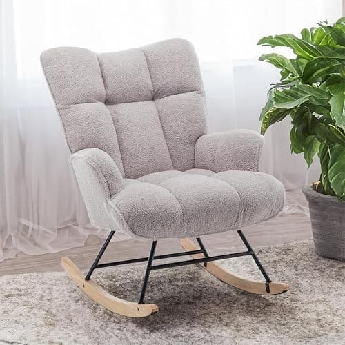 SAETSFEG Rocking Chair Nursery Teddy Upholstered Glider Rocker Rocking Accent Chair Padded Seat with High Backrest Armchair Comfy Side Chair for Living Room Bedroom Offices (Grey Teddy) - Image 1