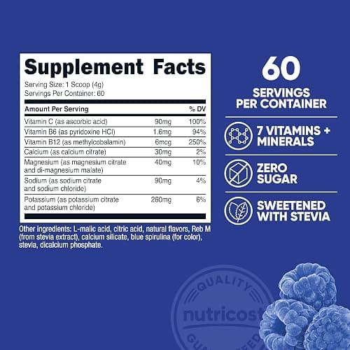 Nutricost Electrolyte Complex Powder (60 Servings, Blue Raspberry) - Hydration Supplement Drink Mix with Vitamins and Minerals thumbnail 2