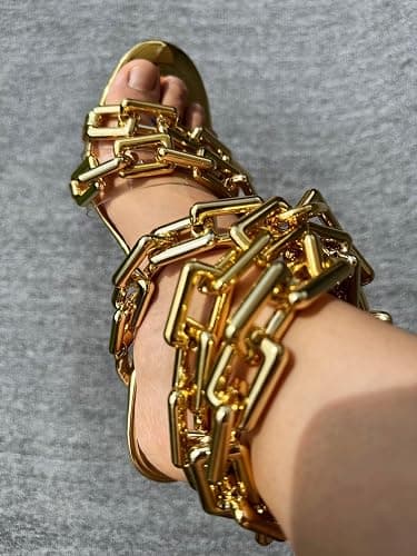 Frankie Hsu Luxury Women's Ankle Leg Lace Up Shinny Gold Link Chain Clear PVC Strappy Stilettos Round Toe High Heeled Mules Sandals thumbnail 2