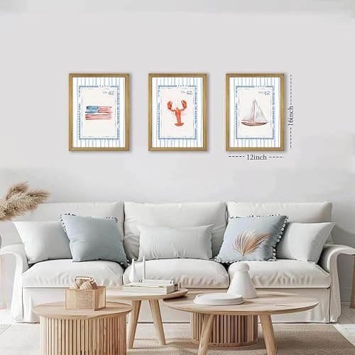 Wood Framed Blue Beach Stamp Set of 3 Canvas Poster Coastal Granddaughter Room Wall Art Decor Vintage Preppy Aesthetic Prints Artwork for Girly Dorm Apartment Ocean Home Decoration 12x16 Inch thumbnail 5