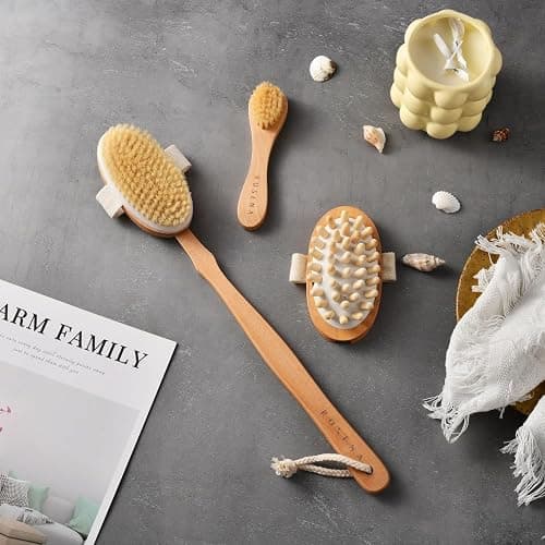 Dry Brushing Body Brush Set – Natural Bristle Spa Exfoliator Kit with Face Cleansing Brush, Long Dry Brushing Body Brush for Lymphatic Drainage & Massaging Cellulite Brush for Smooth, Radiant Skin thumbnail 7