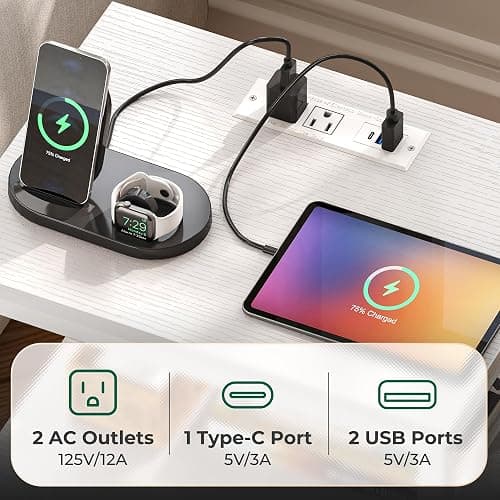 Huuger Night Stand with Charger Station and LED Lights, 2 Drawer Nightstand, Bed Side Table with Open Shelf, End Table, Fabric Dresser for Bedroom, PU Leather, White thumbnail 6