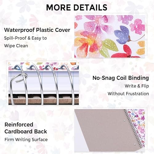 SKYDUE 8"x10.5" Spiral Notebook - College Ruled 100 Sheets, 1 Subject Notebook for School & Office, 3-Hole Punched Paper, Floral Design thumbnail 4