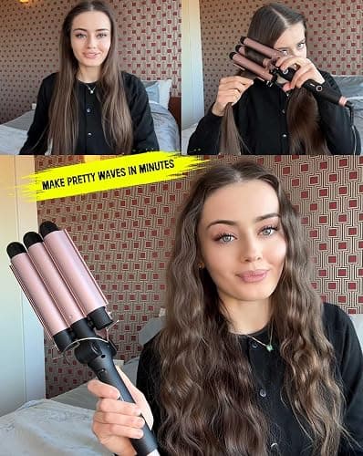 Mistcado 3 Barrel Curling Iron, 1 Inch Ceramic Tourmaline Hair Waver Wand with LCD Temperature Display, Fast Heating Foldable Crimpers for Travel Glove Included (Gold) thumbnail 5