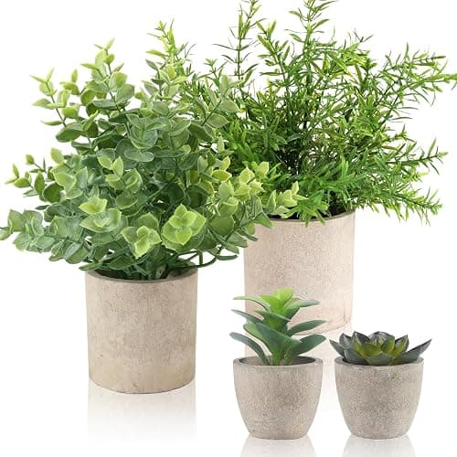 ALAGIRLS 4 Pack Small Fake Plants, 10" Artificial Plants Indoor Eucalyptus/Rosemary/Succulents, Small Faux Plants in Pulp Pot for Bathroom Bedroom Kitchen Office Living Room Decor - Image 1