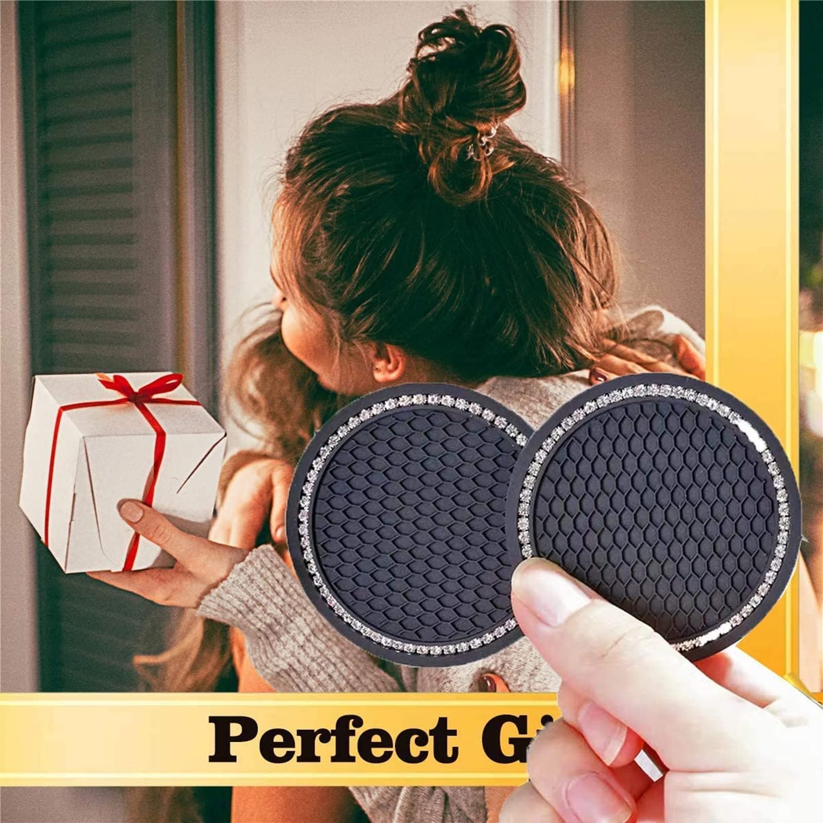2 Pieces Bling Silicone Anti-Slip Cup Holder Insert Coaster and Engine Ignition Button Ring - Car Interior Accessories With Crystal Rhinestone (Black) thumbnail 7