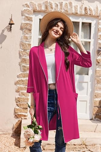 Ekouaer Women Robes Shawl Collar Bathrobe Short Kimono Robe Soft Knit Bathrobes Ladies Sleepwear with Pockets S-XXL thumbnail 4