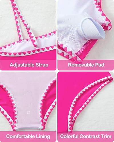 Sewetier Girls Swimsuit 2 Piece Bikini Set Contrast Trim Bathing Suit Padded Solid Color Swimwear with Adjustable Strap 7-16Y thumbnail 5