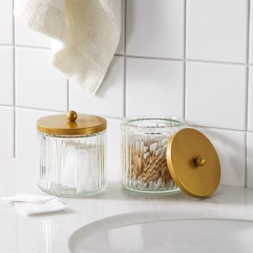 KMwares Matte Gold Set of 2 Glass Qtip Holder Dispenser Set for Cotton Ball, Swab, Round Pads, Floss Picks - Bathroom Canister Storage Organization and Vanity Makeup Organizer thumbnail 2
