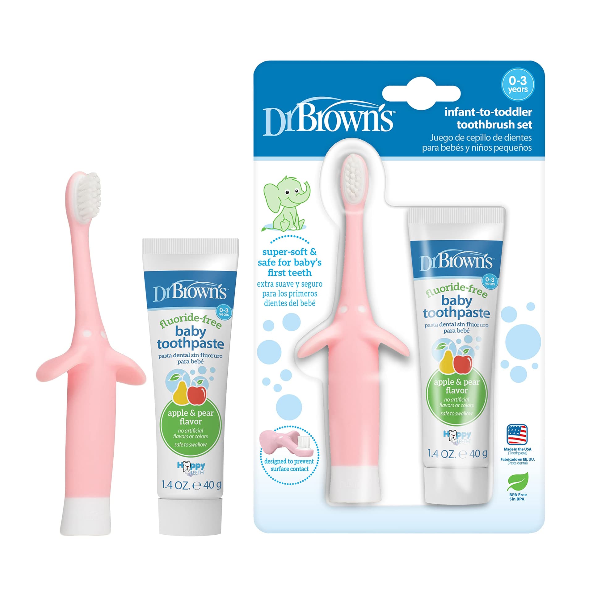 Dr. Brown’s Infant-to-Toddler Training Toothbrush Set, Pink Elephant with Fluoride-Free Apple Pear Baby Toothpaste, 0-3 years - Elephant, Pink Toothpaste Set - 2 Count (Pack of 1) - Image 1