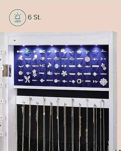 SONGMICS Schmuckschrank mit langem Spiegel, Schmuckaufbewahrung mit 6 LED-Lampen, zum Aufhängen an der Tür oder zur Befestigung an der Wand, großes Fassungsvermögen, 2 Schubladen, Weiß JJC99WT thumbnail 6