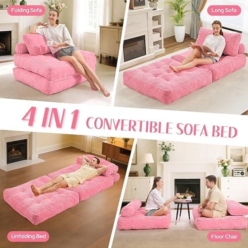 HABUTWAY Folding Sofa Bed, Convertible Sleeper Chair Bed w/Dual-Pillow & Handle, Foldable Floor Sofa Lounge w/Back Support for Living Room, Bedroom, Apartment, Office, Single, Pink thumbnail 7