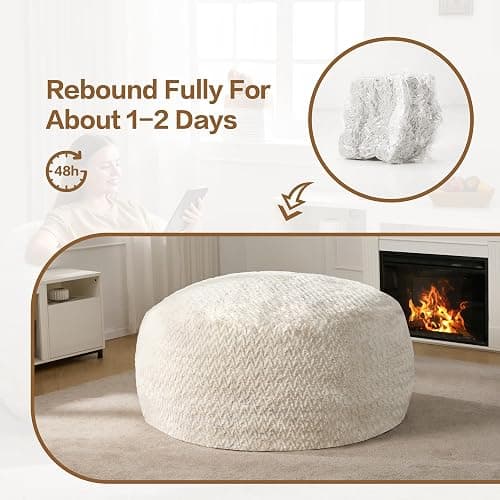 Hobestluk Bean Bag Chair Large Washable Soft Living Room Adult 5Ft White | No Assembly Required Memory Foam Filling Machine Washable Cover Bedroom Dorm Reading Gaming Fluffy Plush Faux Fur Fabric thumbnail 9