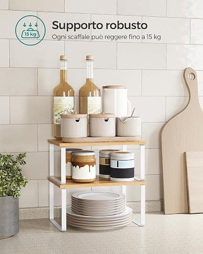 SONGMICS Scaffale Portaspezie, Set di 2 Organizzatori da Cucina Espandibili, Scaffale da Cucina Impilabile, Metallo e Legno Ingegnerizzato, Bianco Nuvola e Beige Naturale KCS02NW thumbnail 5