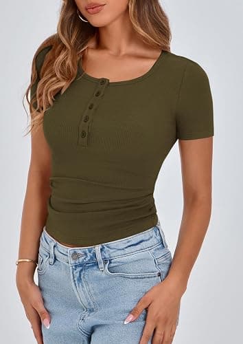 PRETTYGARDEN Women's Summer Tops Henley Tee Shirts | Soft Ribbed Fabric,Button Up, Short Sleeve,Slim Fitted,Basic Tshirts,Casual Trendy,Going Out Outfits,Fashion Clothing thumbnail 7