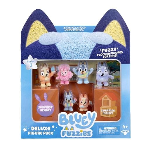 Bluey Fuzzies Deluxe Figure Pack. Eight Figures : 6 Specially Flocked Collectible Mini-Figures + 2 Surprise Figures (Blind Pack), Trading Card, and Collector's Guide. 80 to Collect in Series 1! - Image 1