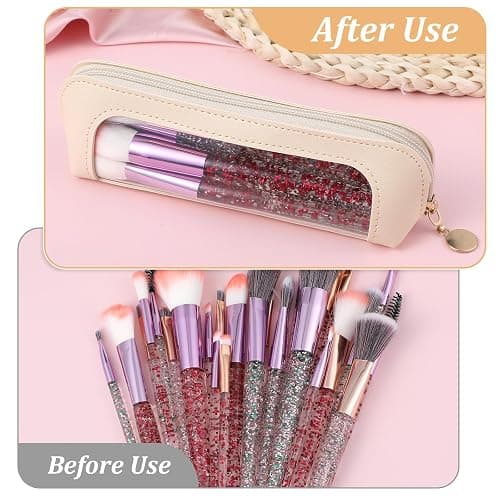 Clear Makeup Bag, Portable Transparent Cosmetic Organizer, PU Leather Makeup Brush Holder, Waterproof Travel Toiletry Pouch with Zipper for Women, Slim Makeup Case for Home, Office, Travel(Beige) - Beige thumbnail 5