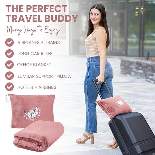 Resty Travel Blanket - Compact Airplane Blanket with Bag - Small and Lightweight Traveling Blanket & Pillow - Portable Blankets with Carabiner for Easy Transport - Plane Train Car (Pink) - Pink thumbnail 2