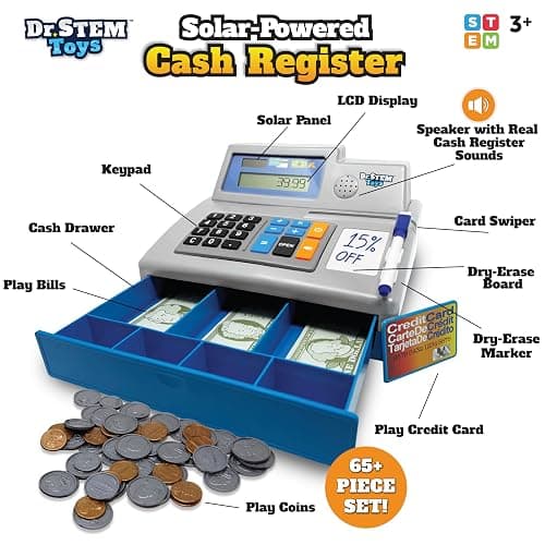Dr. STEM Toys Solar Powered Calculator Pretend Cash Register with Play Money – 67-Piece Set for Learning Math Skills, STEM Cash Register for Kids (Gray) thumbnail 3