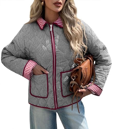 Tankaneo Womens Cropped Quilted Jackets Plaid Lightweight Full Zip Up Jacket Puffer Padded Coat with Pockets - Image 1