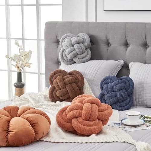Xiashrk Knot Pillow Ball, 12" Soft Decorative Throw Pillows for Couch Bed, Dark Brown Knotted Plush Throw Pillow Handmade Square Cushion Home Couch Decor Pillows for Living Room thumbnail 5
