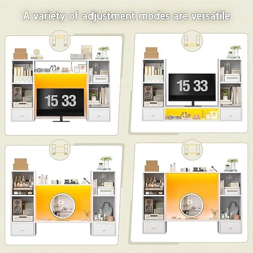 REIBII Desktop Bookshelf with LED Lights,47.2" Desktop Organizer with 6 Shelves and 2 Drawers for Top of Desk,Multipurpose Desk Hutch Dorm with Adjustable Shelves for Home and Office,White thumbnail 6