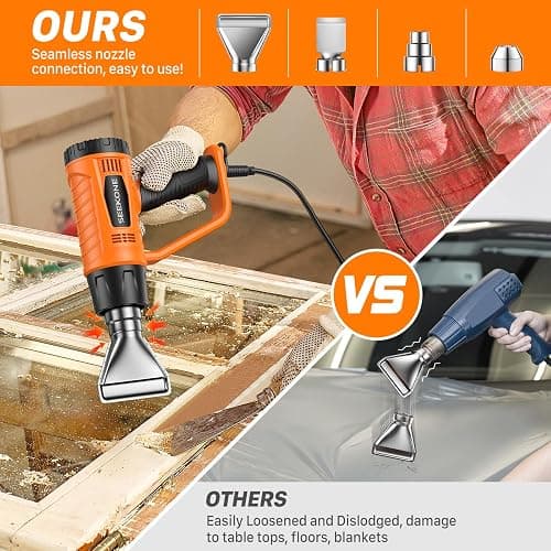 SEEKONE Heat Gun 1800W with 1112℉&752℉ 2 Temperature Settings for Crafting | 2-Speed Airflow 500/250L/min, Ergonomic Handle, Overheat Protection, 4 Nozzles For Vinyl Wrap, Shrink Wrap, Paint Removal thumbnail 5