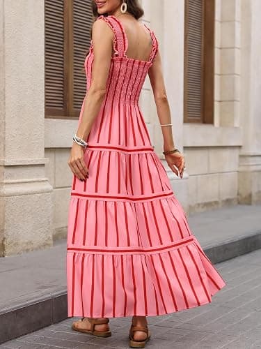 Caracilia Womens Summer Maxi Dresses Floral Smocked Sleeveless Ruffle Boho Casual Flowy Aline Beach Vacation Long Sundress thumbnail 6