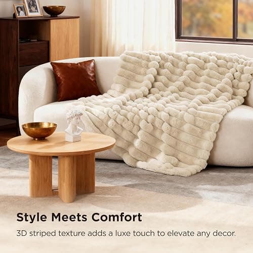 Bedsure Faux Fur Throw Blanket - GentleSoft & Fluffy, Fuzzy Luxury Christmas Blanket for Couch, Sofa and Bed, 750GSM Thick and Warm for Winter, Striped Decorative Gift for Women, Beige, 50x70 Inches thumbnail 4
