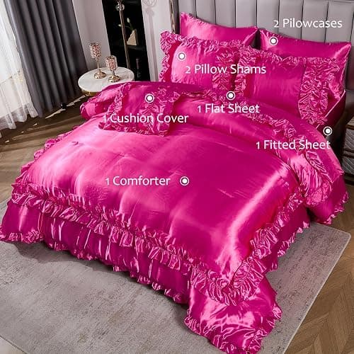 MOVE OVER Hot Pink Satin Comforter Set Queen Size 8 Pieces Bed in a Bag Farmhosue Shabby Chic Ruffle Comforter Set Luxury Silk Like Satin Bedding Set Boho Chic Satin Ruffled Comforter Sets thumbnail 7