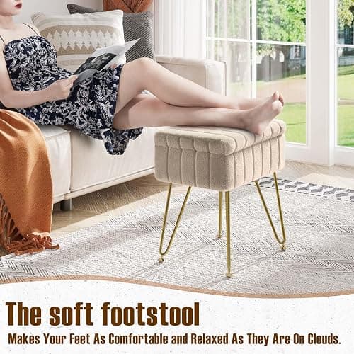 Greenstell Vanity Stool Chair Faux Fur with Storage, 19.4" H x 15.7" L x 11.8" W Soft Ottoman 4 Metal Legs with Anti-Slip Feet, Furry Padded Seat, Modern Multifunctional Chairs for Makeup, Bedroom thumbnail 4