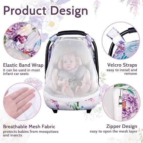 CARUILI Purple Floral Baby Car Seat Cover, Breathable Mesh Window, Sun and Wind Protection, 3 Modes of Use, Waterproof, Nylon, Polyester thumbnail 4