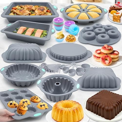To encounter 51 Piece Silicone Baking Pan Set, Non-Stick Bakeware Set with Baking Pans, Reusable Donut Mold, Food-Grade Silicone Molds for Cakes, Cookies, Muffins, Bread, Light Grey thumbnail 8