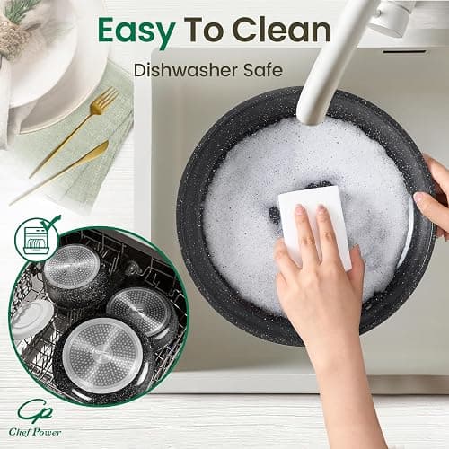 Chef Power Ceramic Nonstick Cookware Set 19 Piece with Detachable Handle, Induction Dishwasher Oven Safe Pans and Pots Set, RV Kitchen Set Removable Handle, Rock Stone Black thumbnail 6