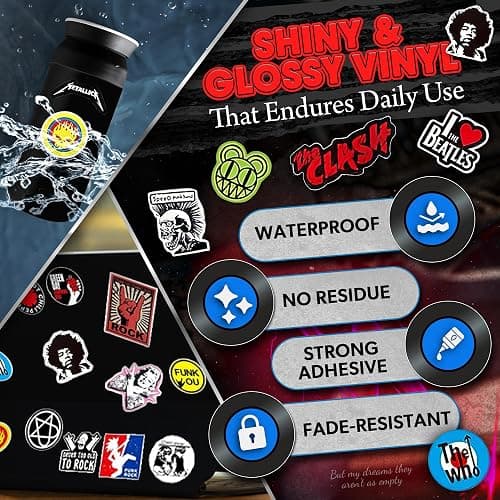 100 Pcs Rock Band Music Stickers – Durable and Waterproof Vinyl Stickers Featuring Iconic Bands | Punk, Metal, Rock Decals | Scratch-Resistant, Vibrant Colors for Laptops, Guitars, Water Bottles thumbnail 3