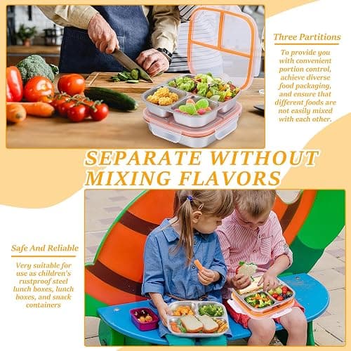 3 Stück Snackbox,Edelstahl Snack-Behälter mit 3 Fächern und Kunststoff-Deckel,17,5×17,5×5 cm,Stapelbar Lebensmittel Lagerung Brotzeit Behälter,Tragbare Snack-Platten für Schule,Arbeit und Reise thumbnail 5