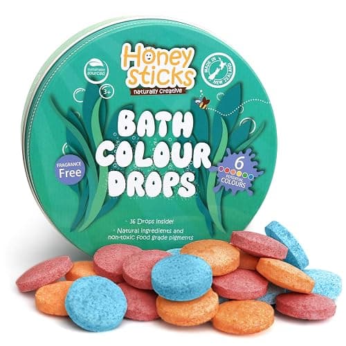 Honeysticks Bath Color Tablets for Kids - Non Toxic Bathtub Drops Made with Natural Ingredients and Food Grade Colors - Fragrance Free - Fizzy, Brightly Colored Bathtime Fun, Great Gift - 36 Drops - Image 1