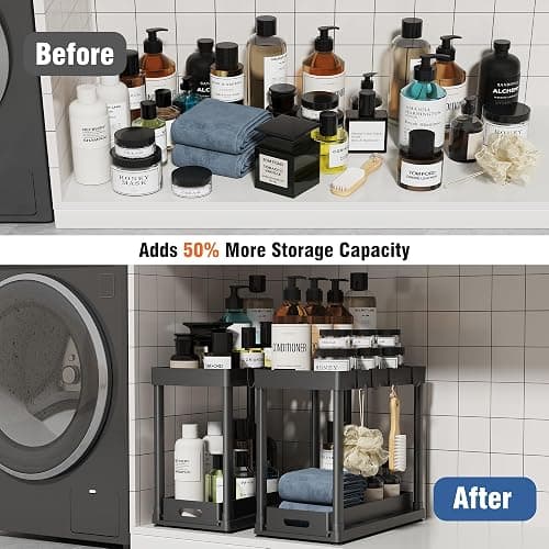 POUGNY 2 Pack Pull-Out Storage Organizers, Under Sink Organizer and Storage for Bathroom & Kitchen,Multi-Purpose Under Cabinet Organizers and storage Black thumbnail 5
