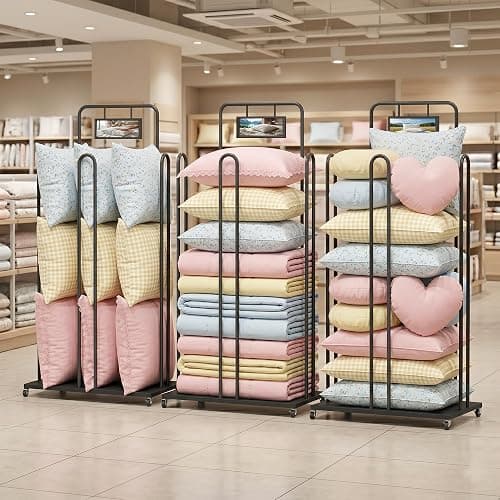 lukar Pillow Holder Rack, Rolling Pillow Storage Rack with Billboard Holder | Metal Pillow Display Stand, Commercial Throw Cushion Quilts Storage Organizer for Retail Store, Mall, Home, Hotels thumbnail 7