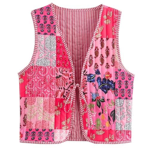 Yimoon Women's Cropped Quilted Vest Floral Printed Puffer Vest Lightweight Sleeveless Tie Front Padded Gilet Outwear - Image 1