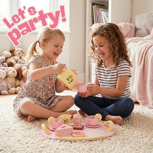Wooden Tea Party Set for Girls – 16 Pcs Pink Princess Tea Set with Teapot, Cake & Desserts | Pretend Play Kitchen Toys for Toddlers Ages 3-5, Birthday Gift for Kids thumbnail 2