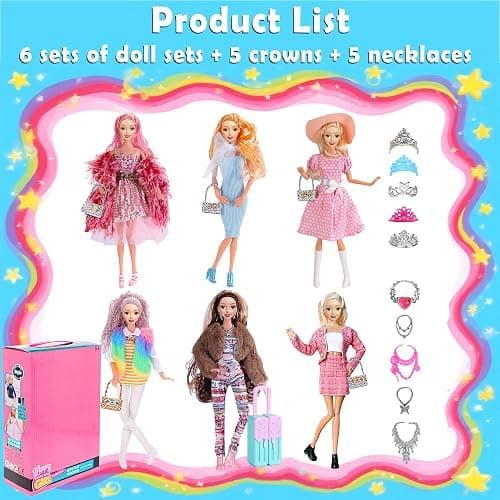 iBayda 6 Pack Fashion 11.5 inch American Toy Prinecess Dolls Playset with Outfits Dress Design and Accessories Like Handbag Hat Crown Necklace Suitcase (Gift Box Package) thumbnail 2