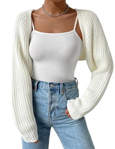 SECRETEYARD Women's Long Sleeve Open Front Knitted Crop Cardigan Drop Shoulder Knit Bolero Shrug Sweater - Image 1