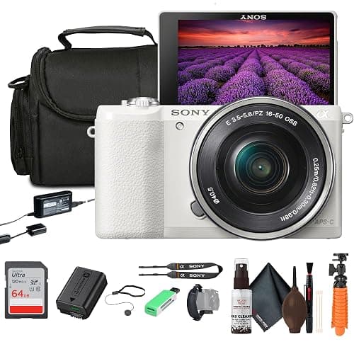 Sony Alpha a5100 Mirrorless Camera with 16-50mm Power Zoom Lens | 24.3MP APS-C Sensor, Fast Hybrid Autofocus (White) + 64GB Card + Card Reader + Case + Flex Tripod + Hand Strap + Memory Wallet + More - Image 1