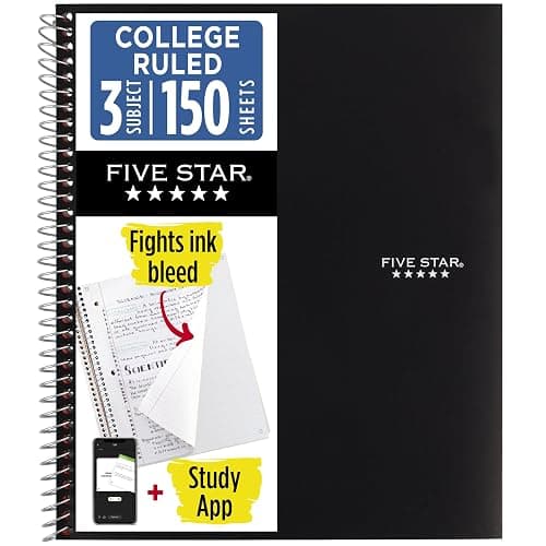 Five Star Spiral Notebook + Study App, 3 Subject, College Ruled Paper, Fights Ink Bleed, Water Resistant Cover, 8-1/2" x 11", 150 Sheets, Black (72069) - Image 1